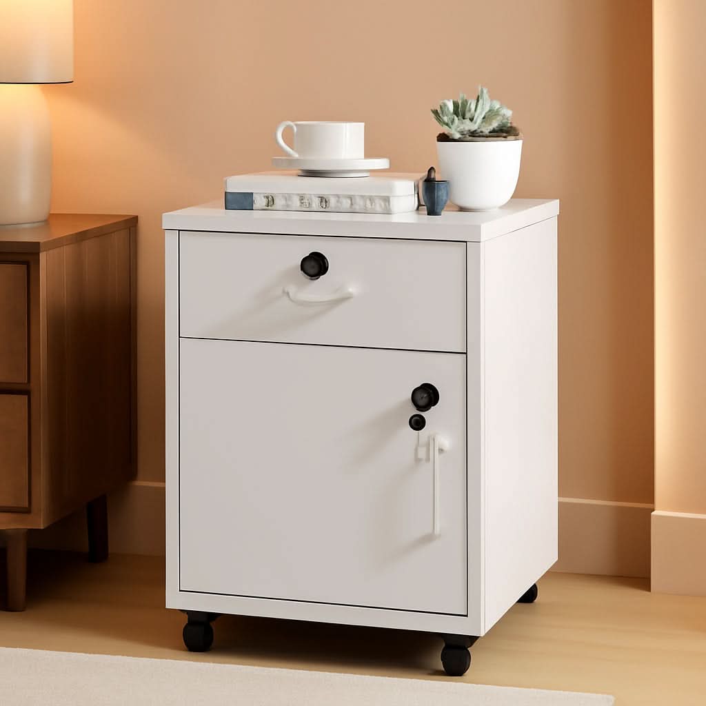 White Mobile File Cabinet With Lockable Drawer And Door-0