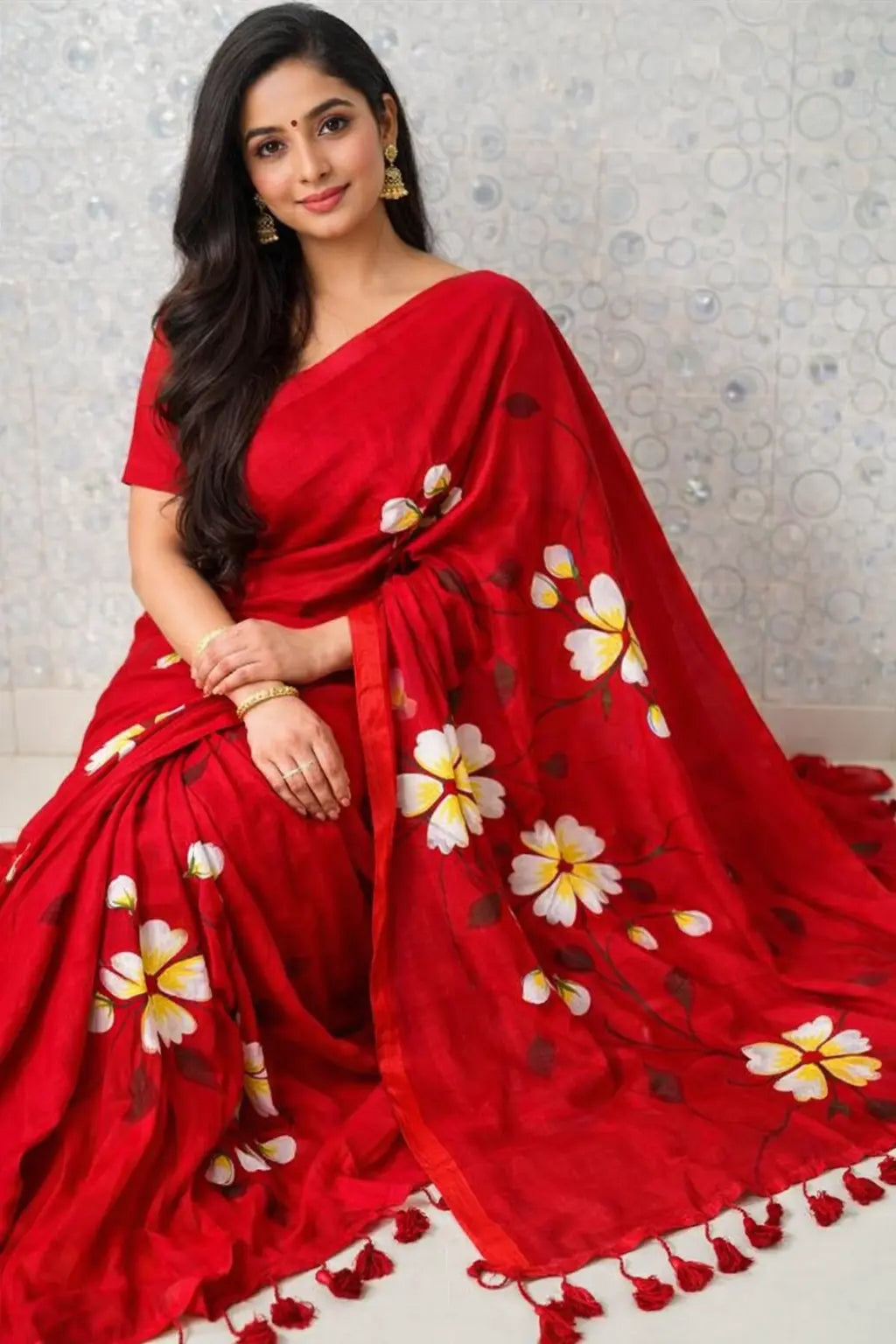 Scarlet Blossom Premium Mull Cotton Handprint Saree Khan