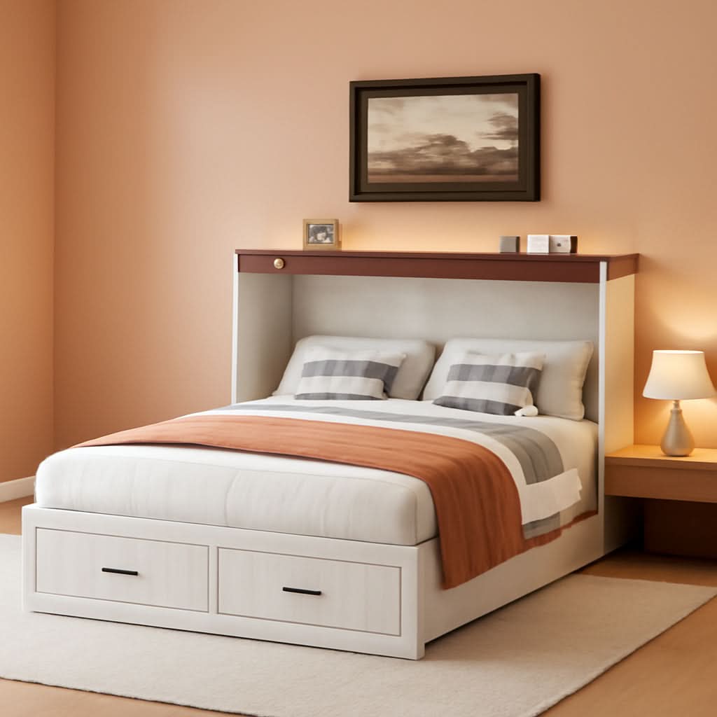 Queen Murphy Bed Frame Integrated Charging Station White-0