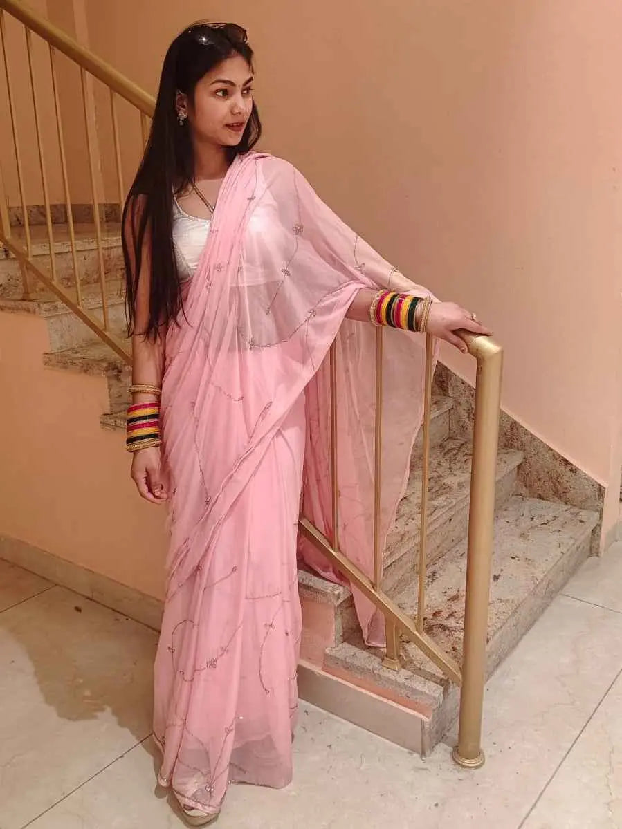 Pink Celestial Intricate Cut-Dana & Nug Work Designer Chiffon Saree Yooneck