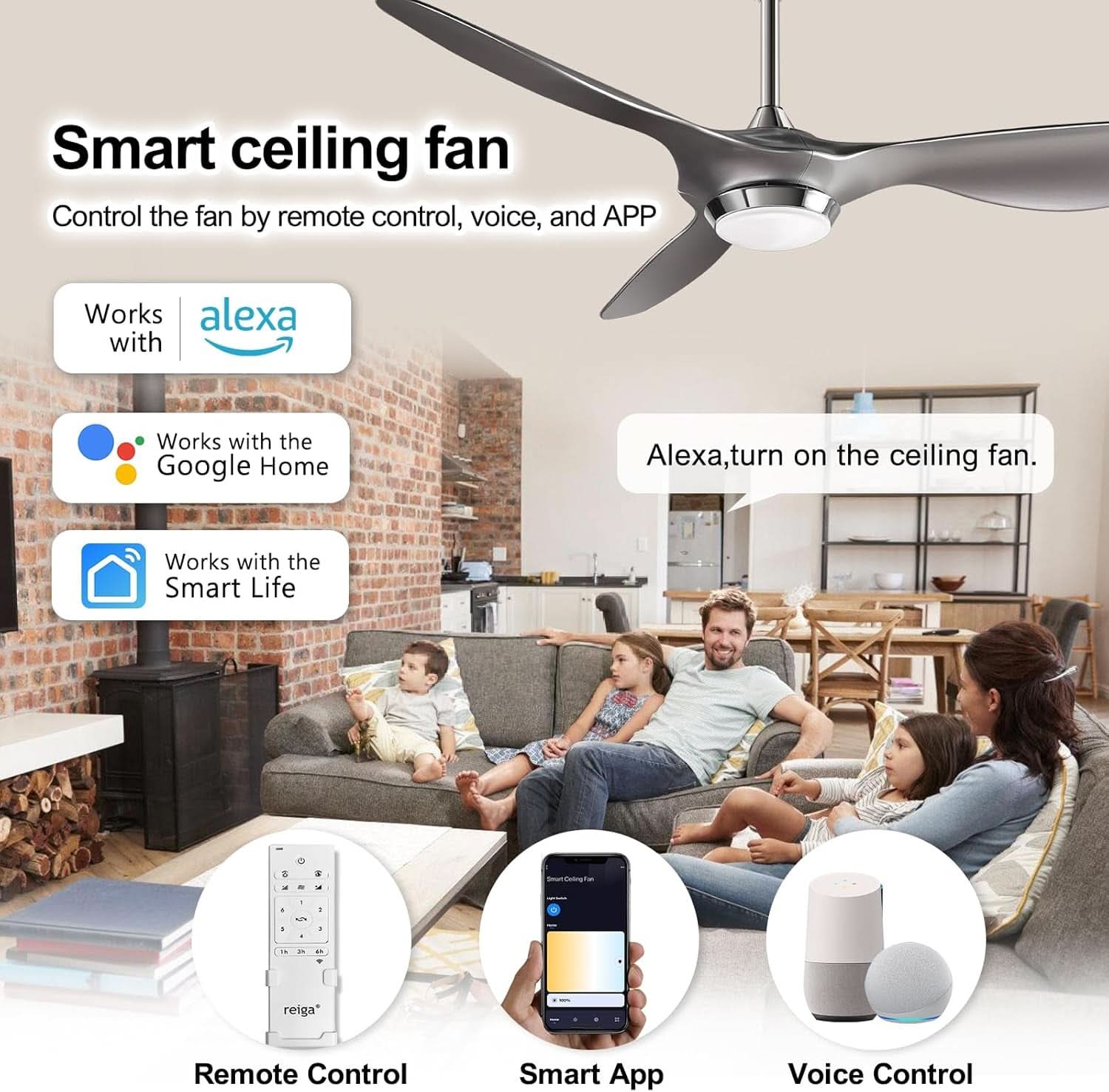 52 Inch Smart WiFi Ceiling Fan With Light And Remote Silver-1