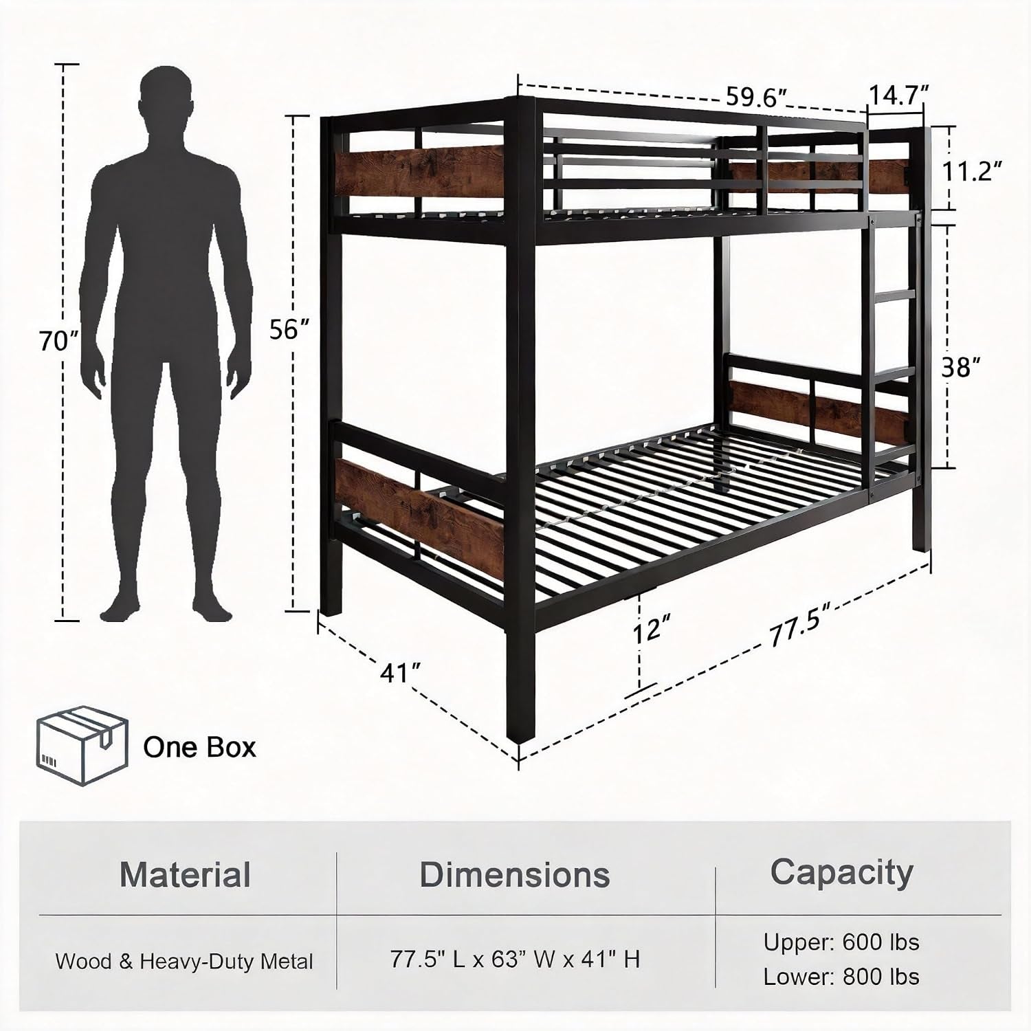 Twin Over Twin Metallic Bunk Bed Vintage Rustic Brown-1