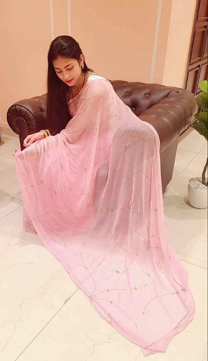 Pink Celestial Intricate Cut-Dana & Nug Work Designer Chiffon Saree Yooneck