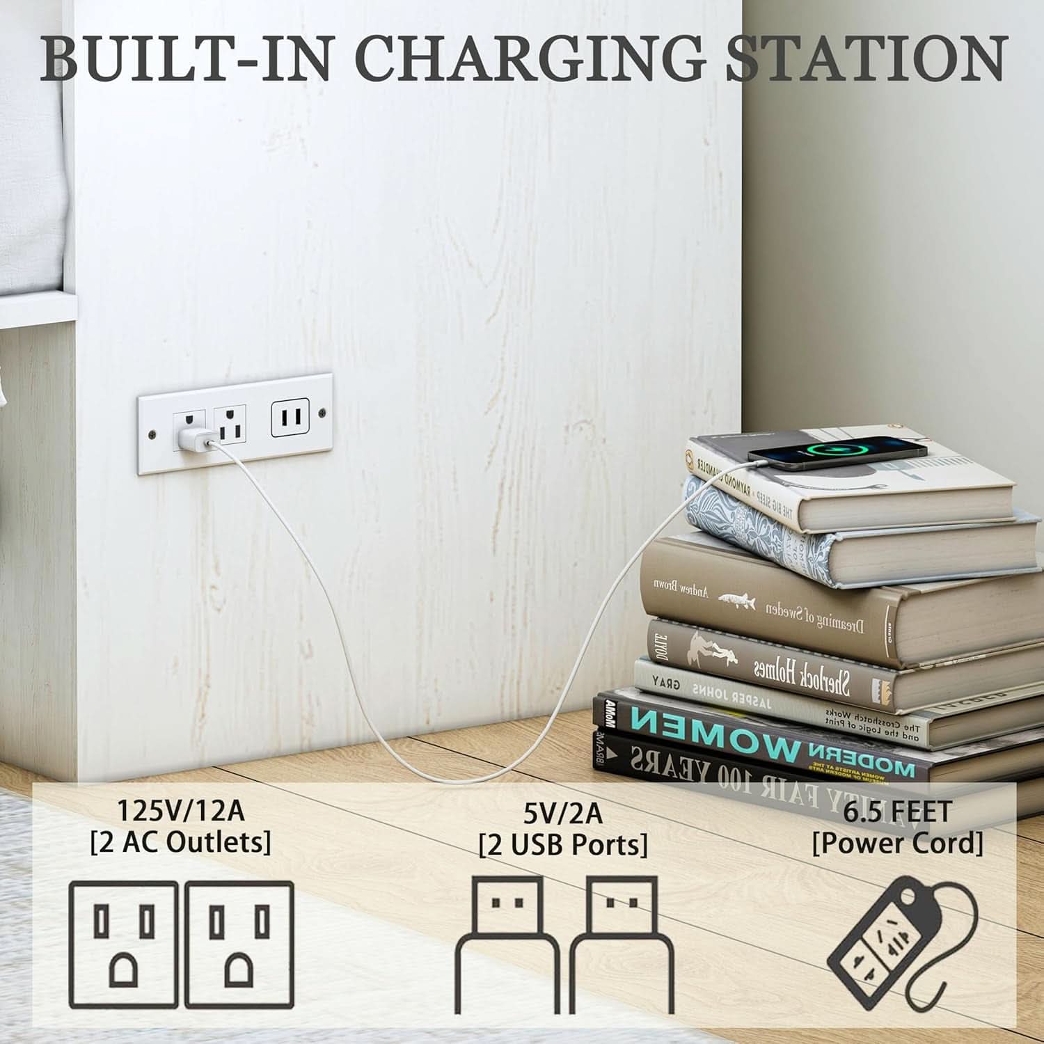 Queen Murphy Bed Frame Integrated Charging Station White-4