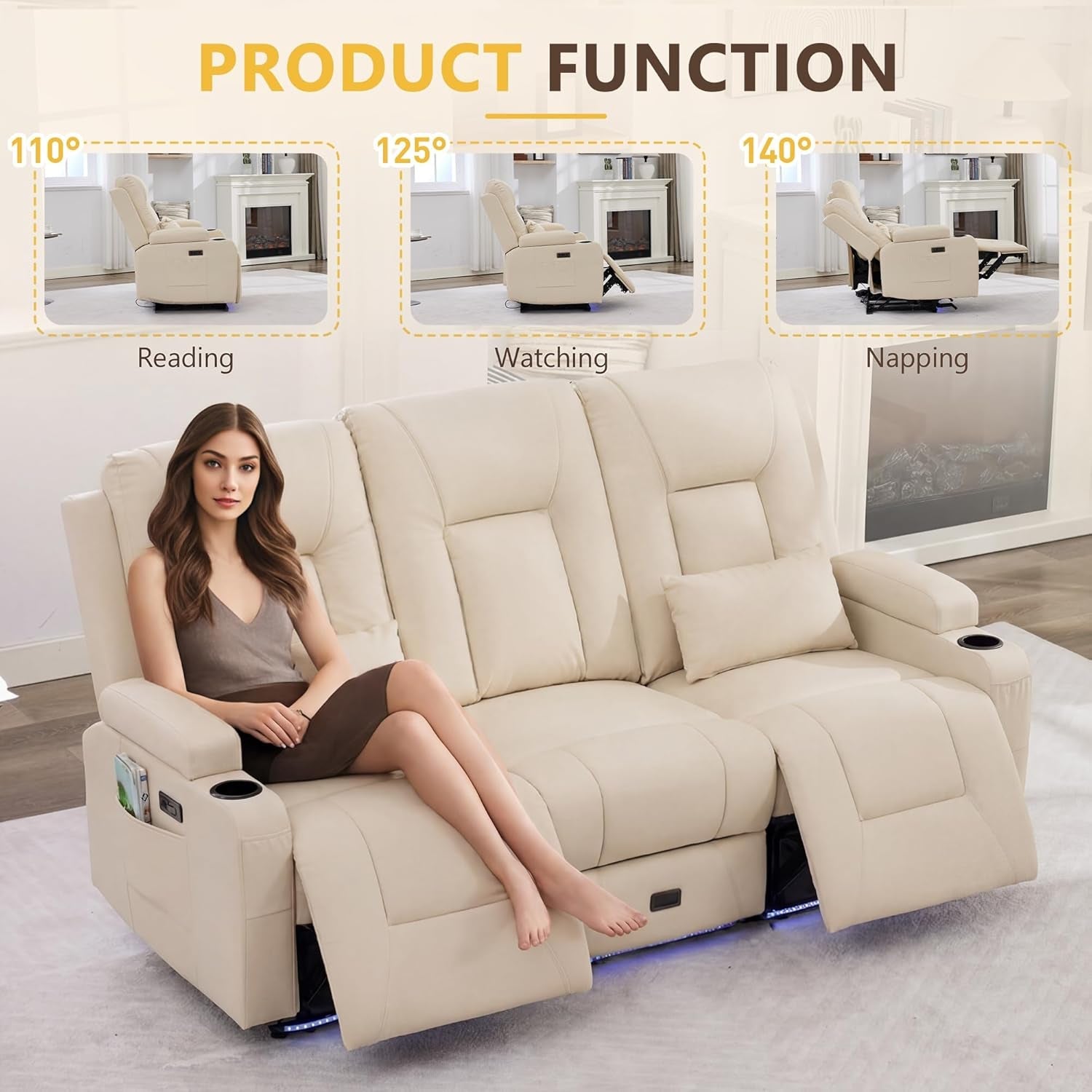 Power Loveseat Recliner Sofa Beige Ambient Lighting-3