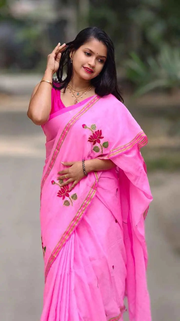 Blush Bloom Mul Cotton Embroidered Saree Khan