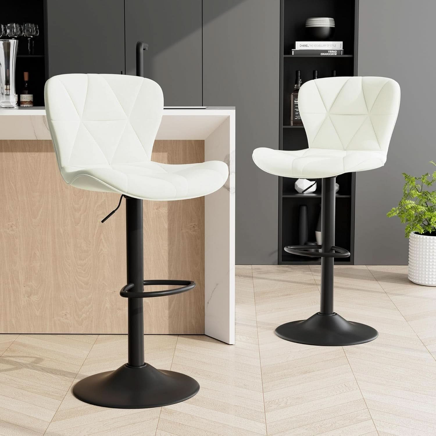 Adjustable Swivel Bar Stools Set Of 2 White Faux Leather-4