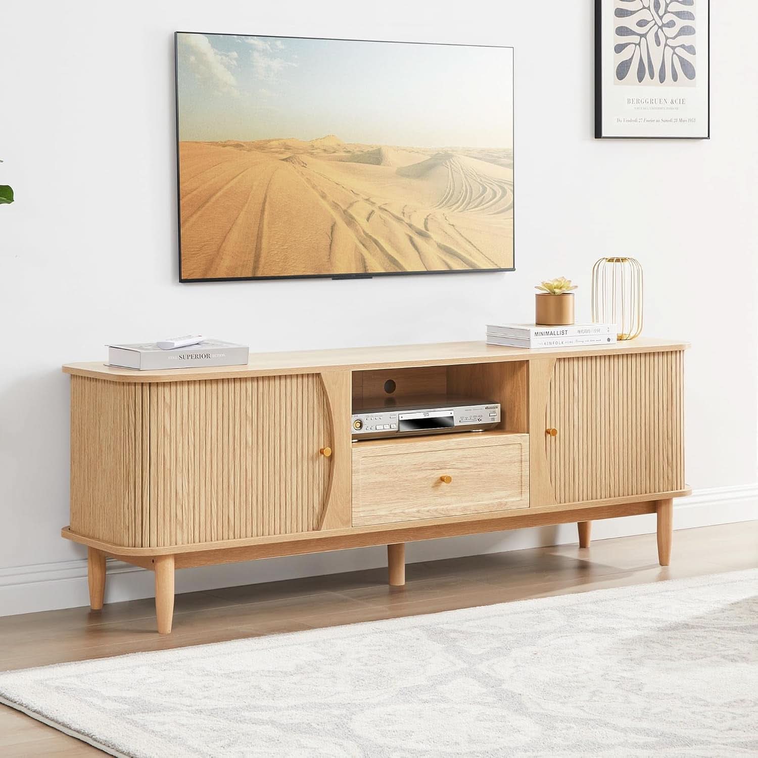 Natural Finish Entertainment Console With Sliding Door-2