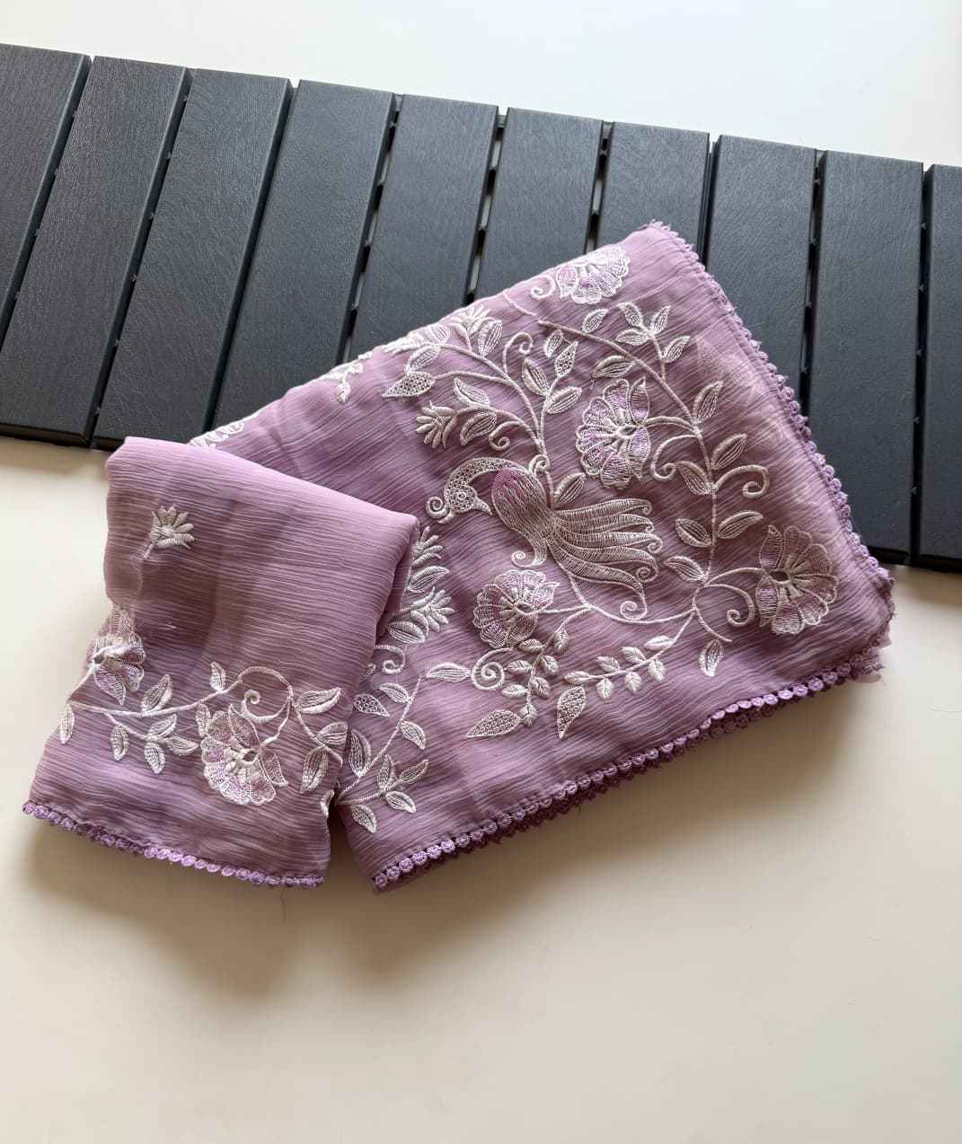 Lavender Noor Bird Embroidered Chiffon Saree Ganpati