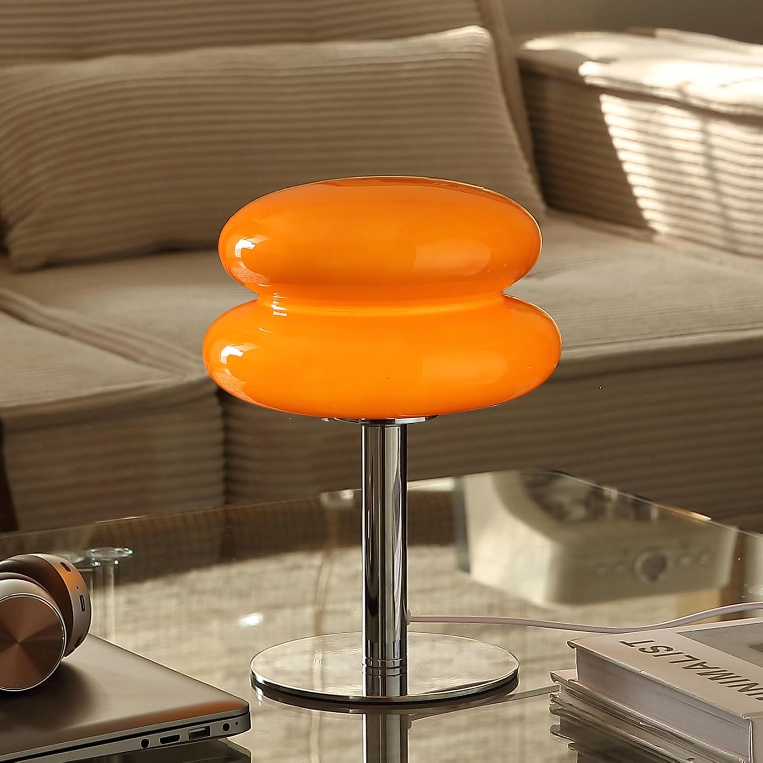 Mushroom Table Lamp Orange Dimmable Glass Nightstand-1