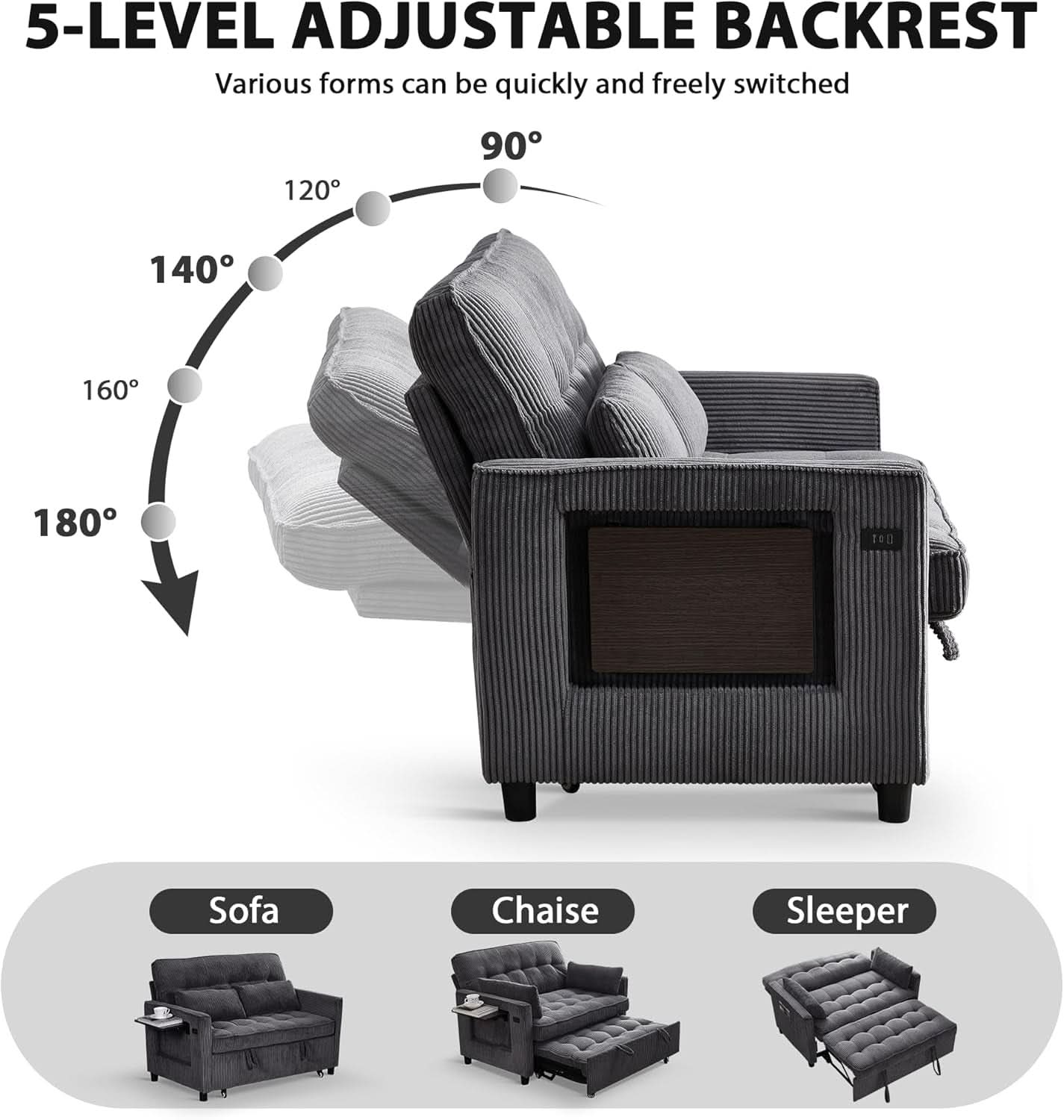 55Inch Convertible Sleeper Sofa With USBPort Corduroy-2