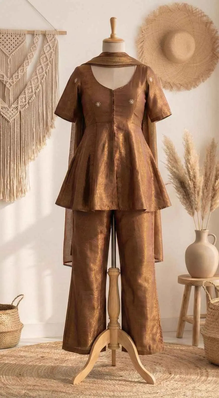 Bronze Glow Cosmos Tissue Peplum Co-Ord Set Ganpati
