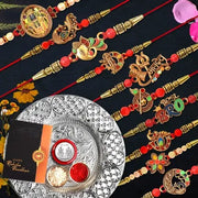 Rakhi For Brother Set Of 10 With Dish Silver Coin  Greeting Card Rakhi For Bhai Bhabhi  Kids With Gift For Brother Rakhi Set For Brother (K10_mc56_ds)