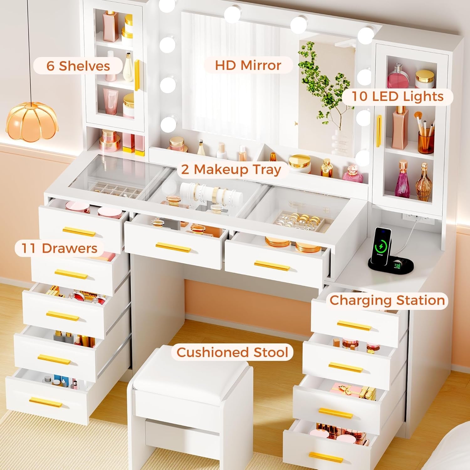 White Makeup Vanity Desk With Mirror Storage Drawers-1