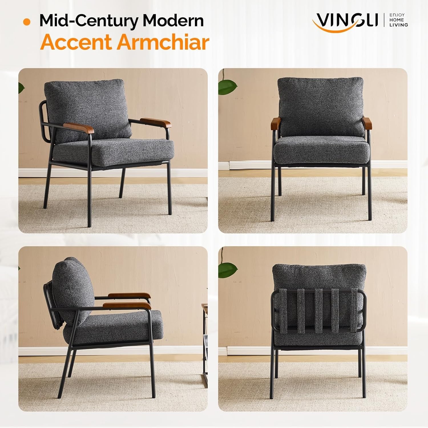 Contemporary Vintage Armchairs Linen Grey Wood Armrests-2