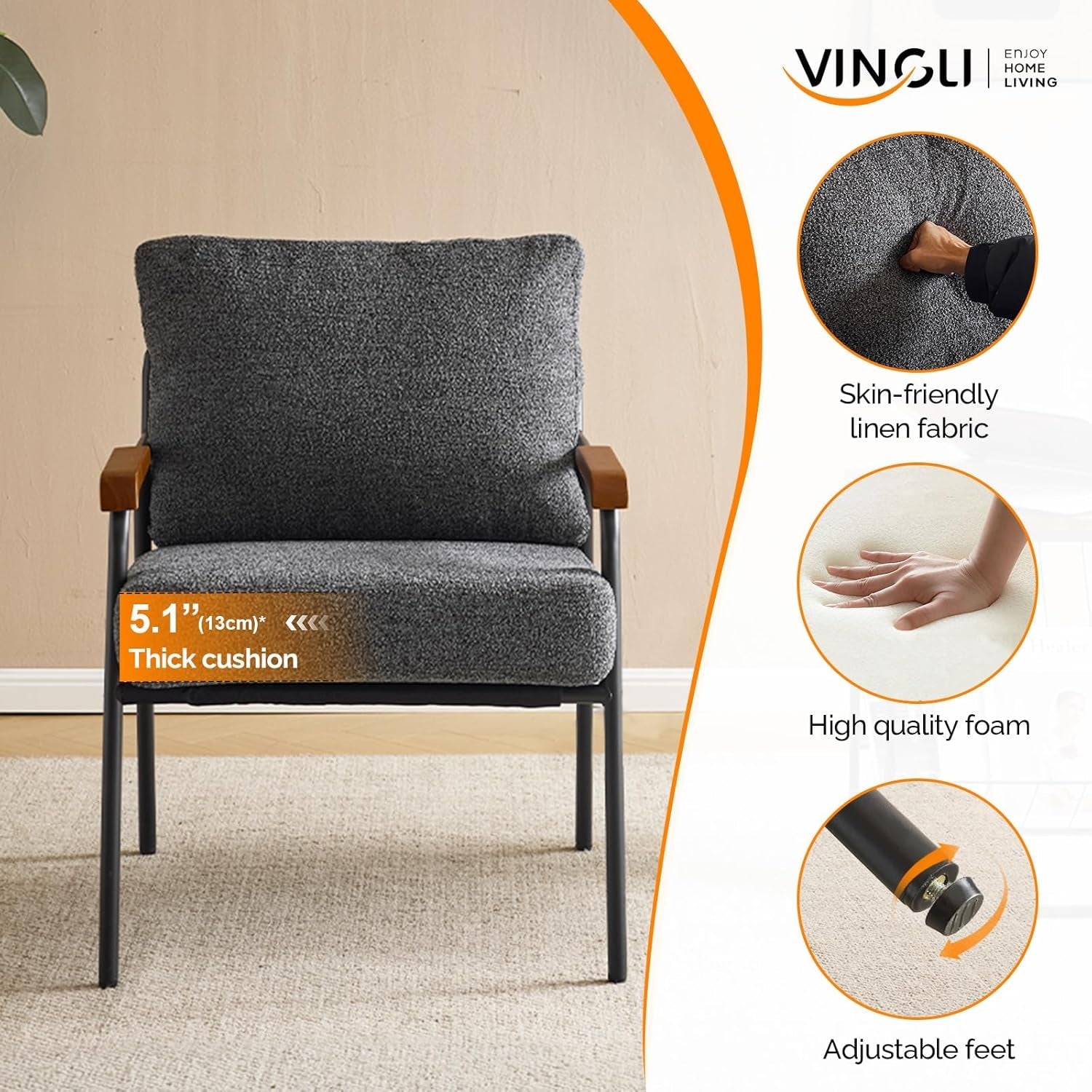Contemporary Vintage Armchairs Linen Grey Wood Armrests-3