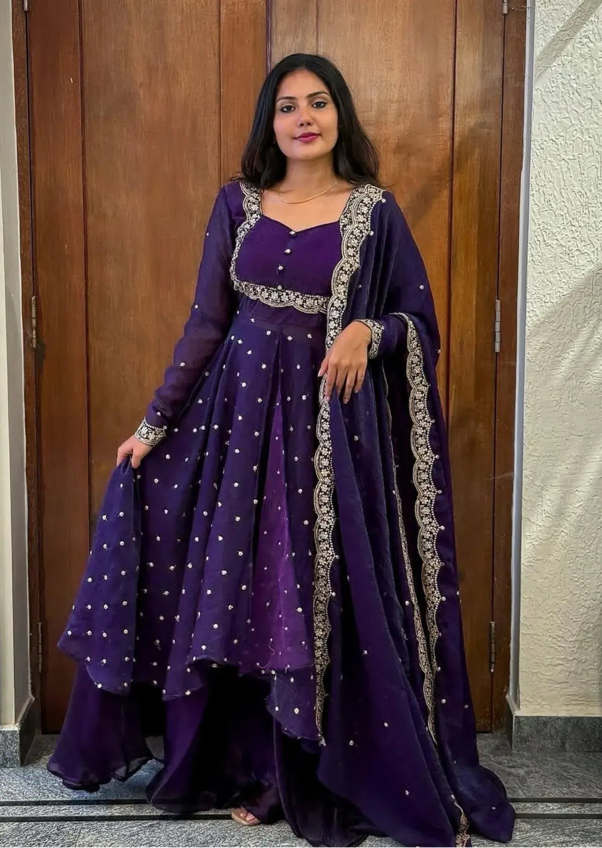 Royal Purple Silk Embroidered Cape Anarkali Suit Set Yooneck