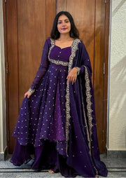 Royal Purple Silk Embroidered Cape Anarkali Suit Set Yooneck
