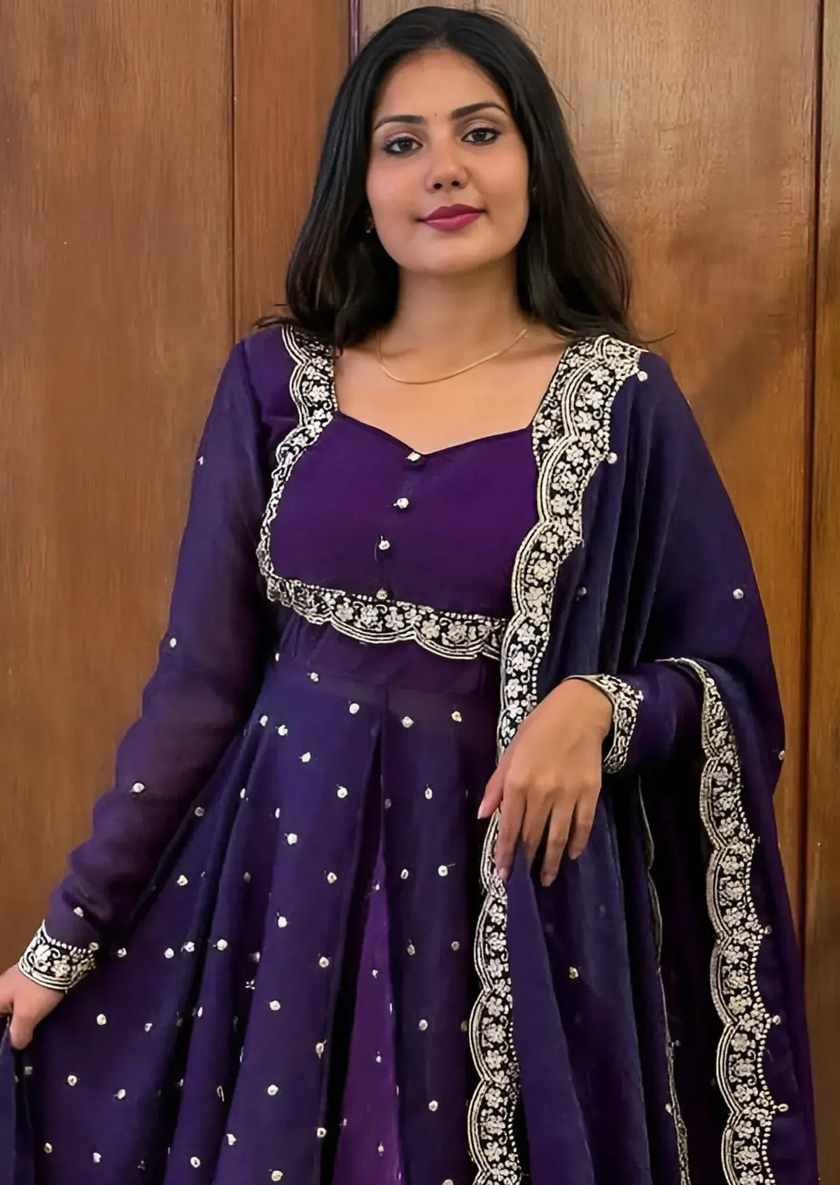 Royal Purple Silk Embroidered Cape Anarkali Suit Set Yooneck