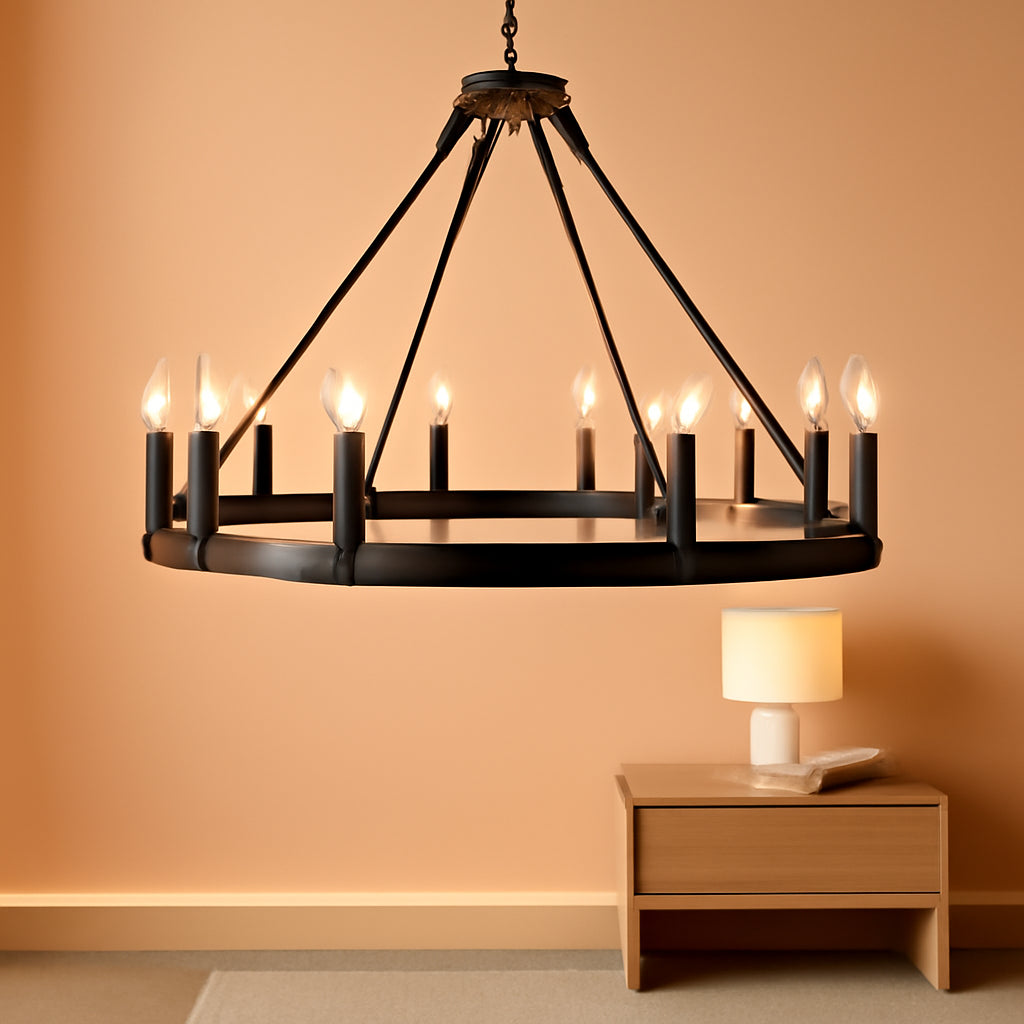 Black Wagon Wheel Chandelier 32 Inch 12Light Industrial-0
