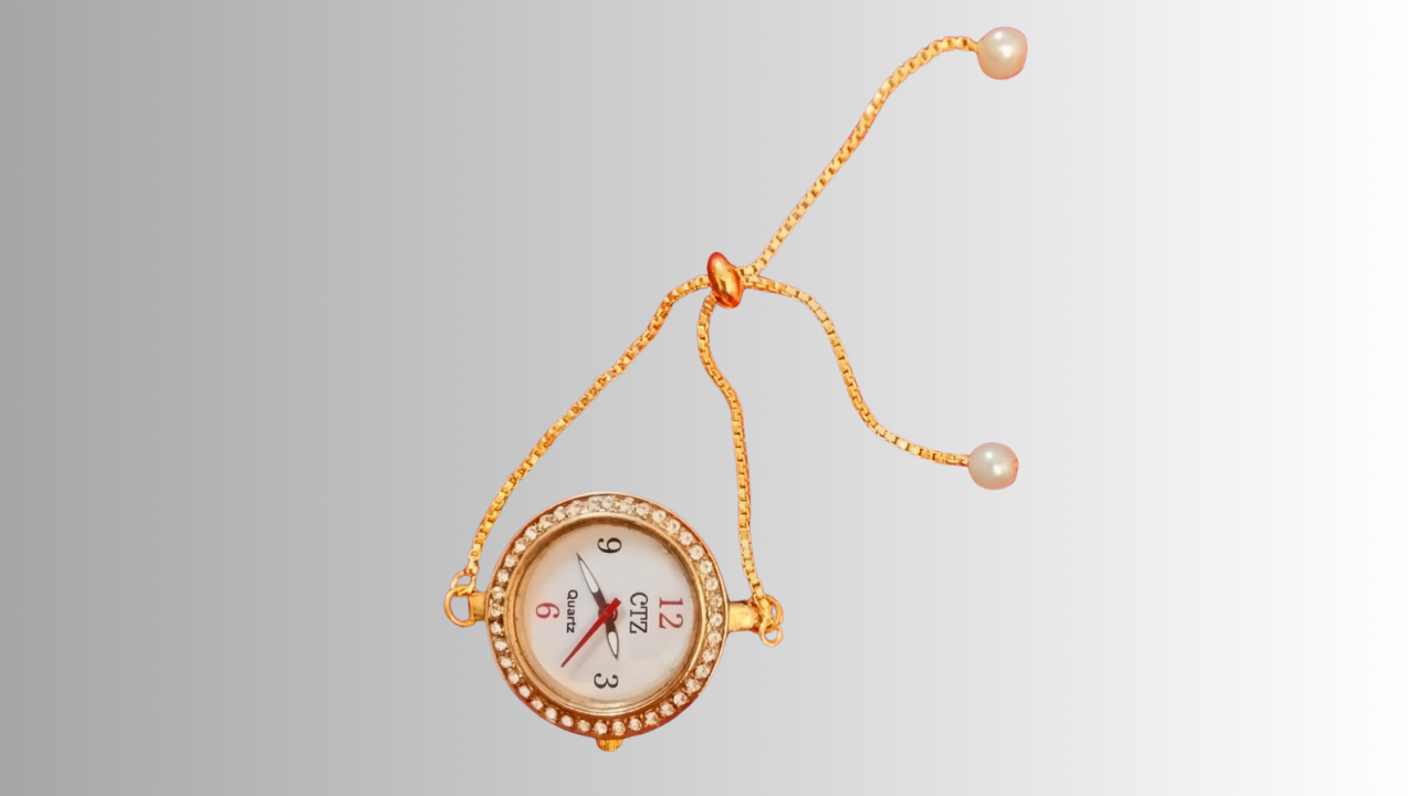 Gold-Tone Crystal Bezel Chain Bracelet Watch with Pearl Drops