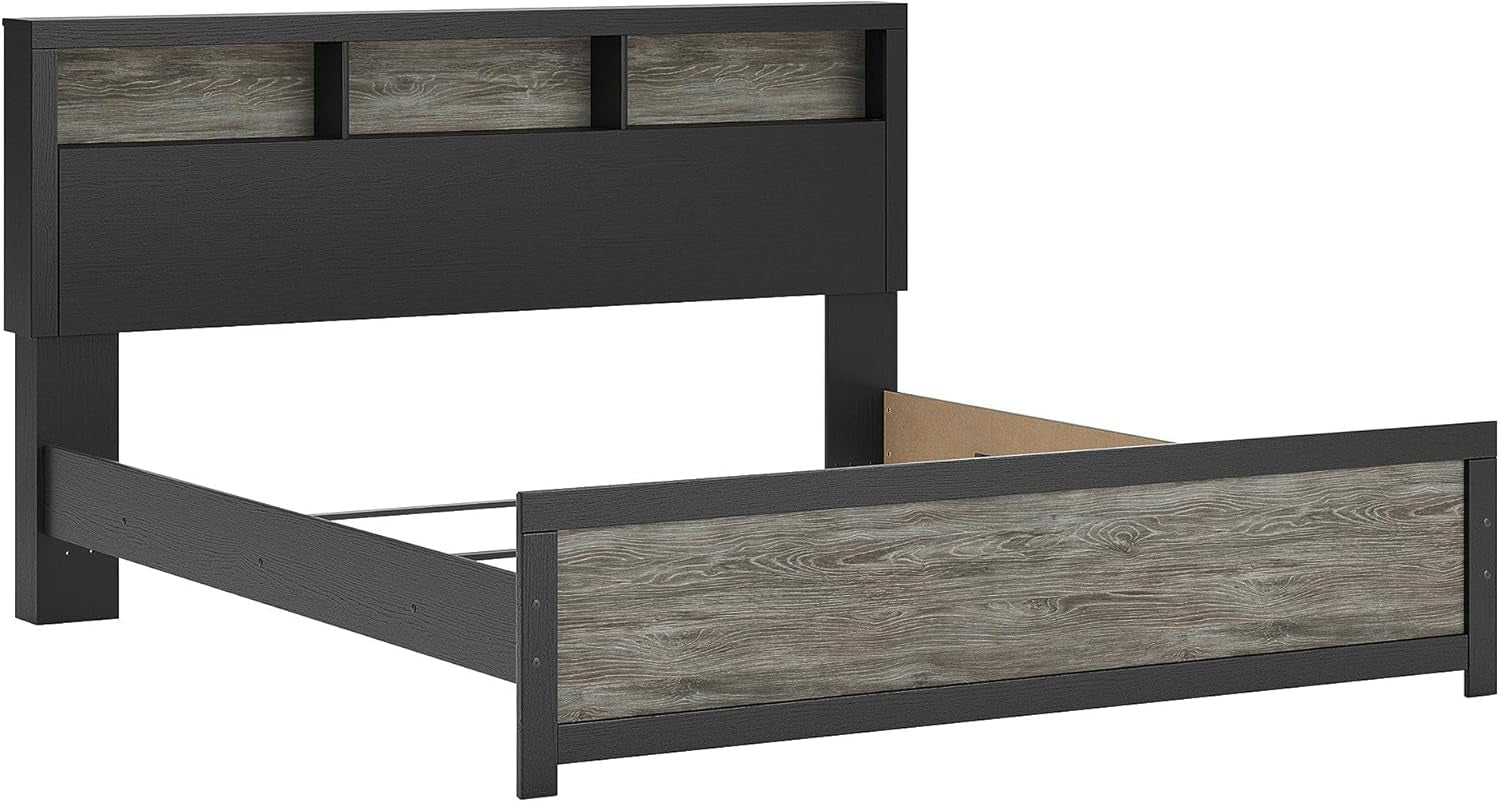 King Bed Frame With Bookcase Headboard Warm Gray Matte Black-1