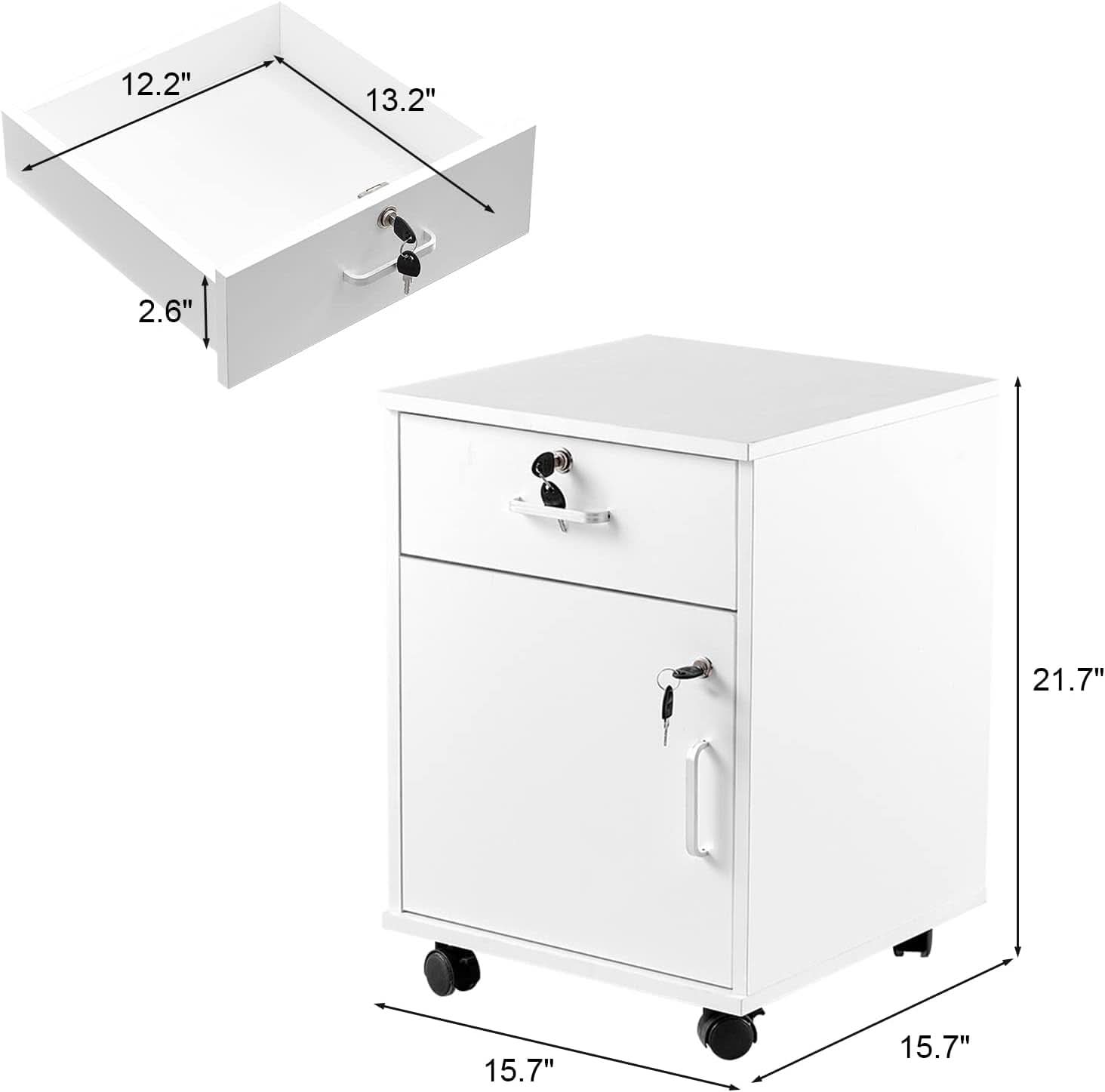 White Mobile File Cabinet With Lockable Drawer And Door-2