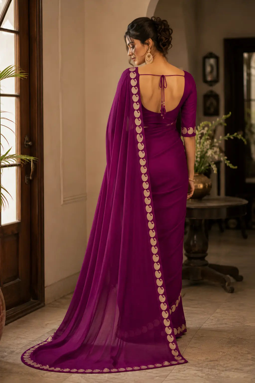 Meherika Magenta Viscose Georgette Saree Ganpati