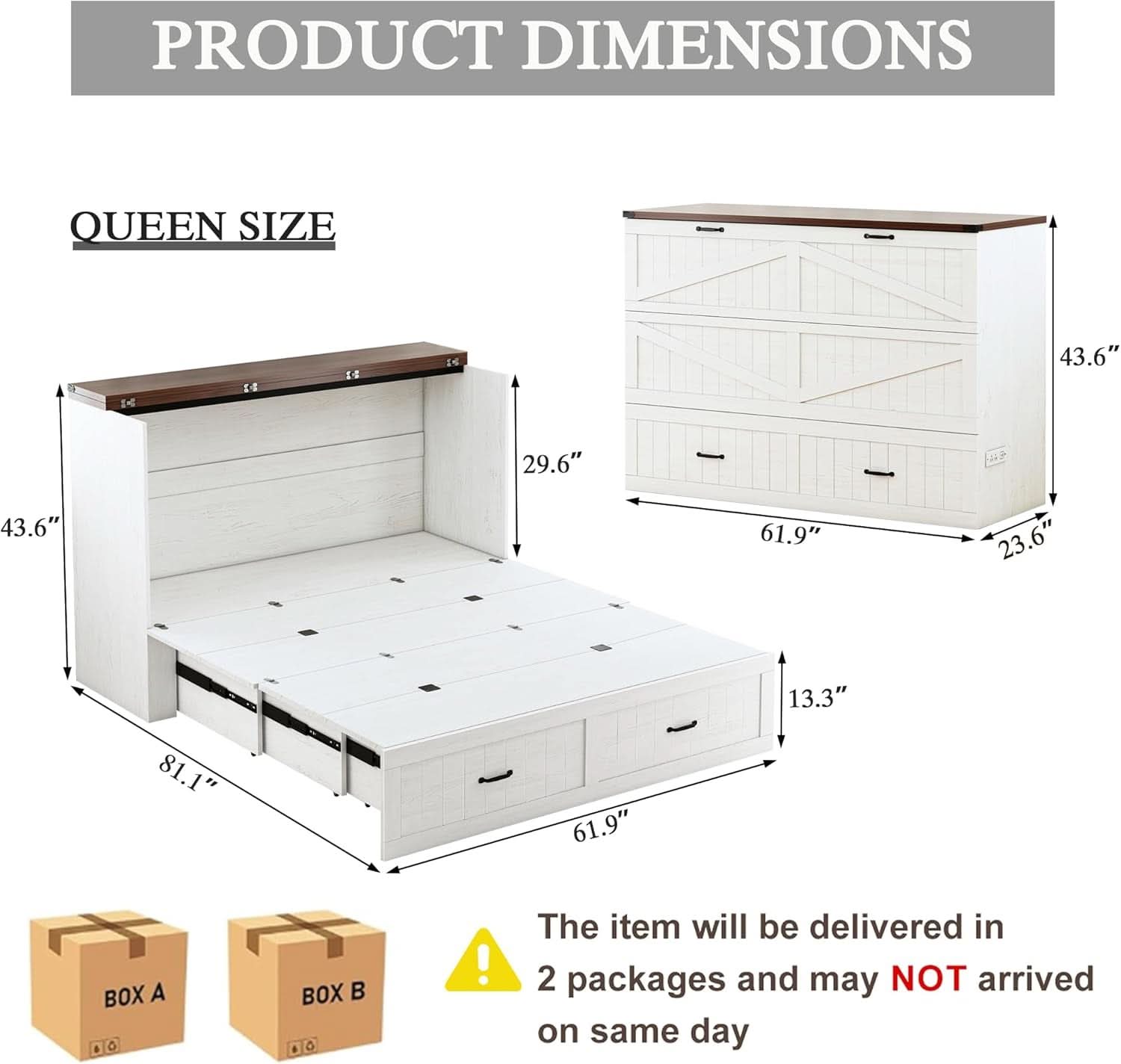 Queen Murphy Bed Frame Integrated Charging Station White-1