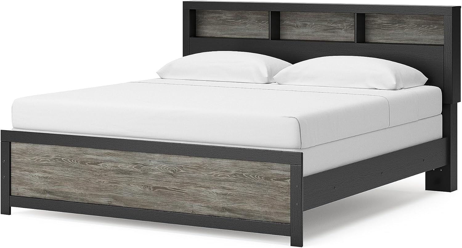 King Bed Frame With Bookcase Headboard Warm Gray Matte Black-3