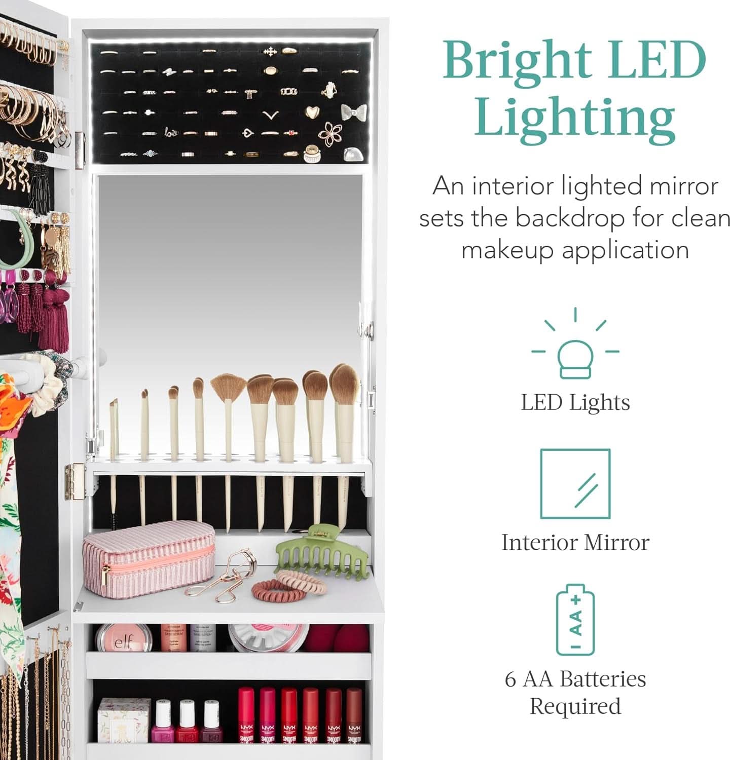 White Led Mirror Jewelry Cabinet With Lock And Drawers-2