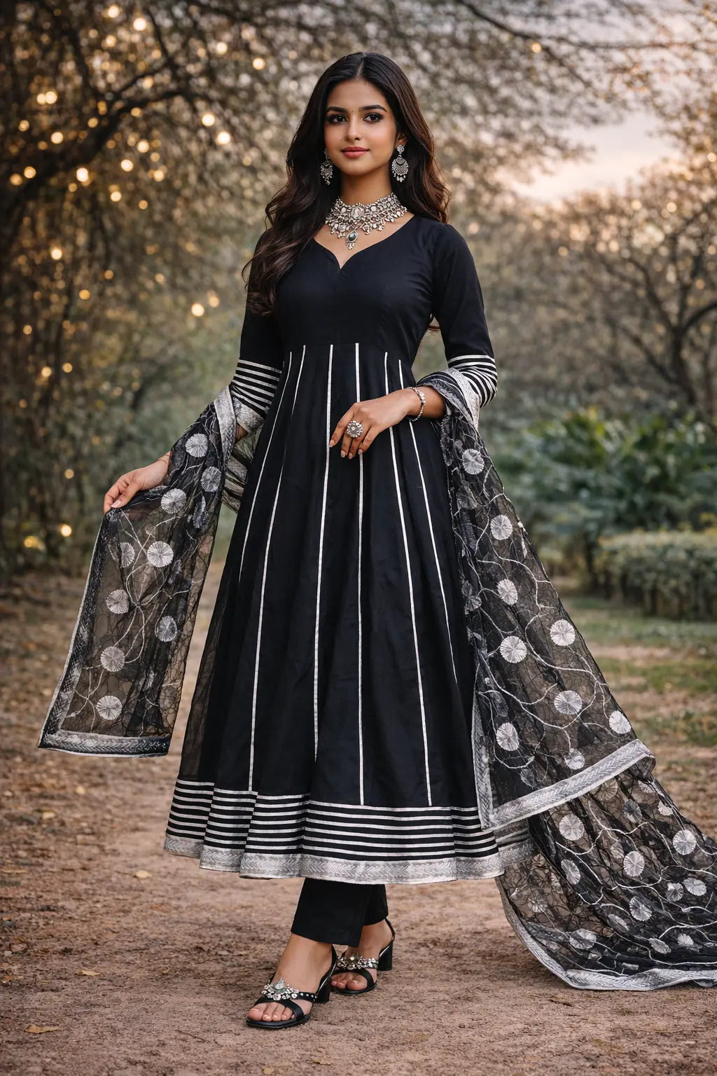 Noir Grace Pure Cotton Anarkali Set with Gotta Work Organza Dupatta Yooneck