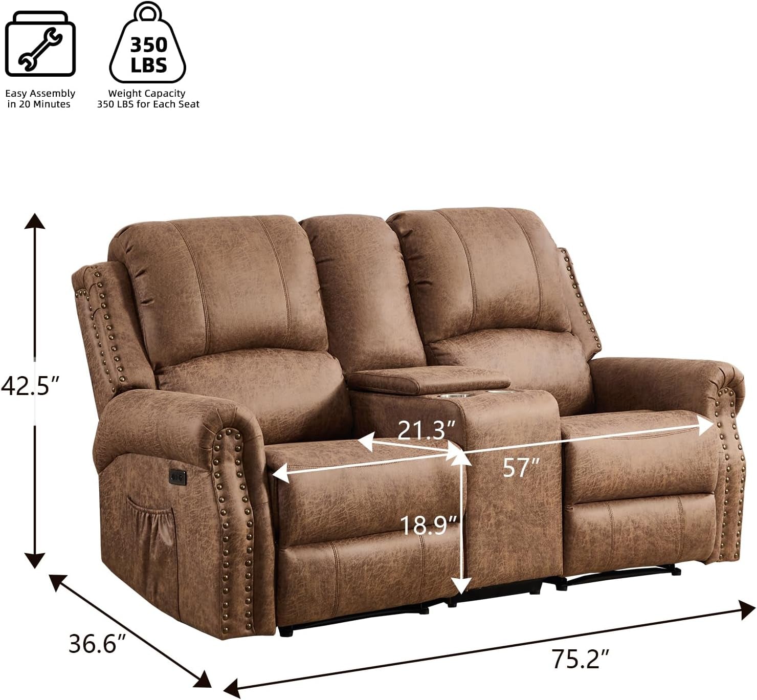 Nut Brown Premium Faux Leather Power Reclining Loveseat-1