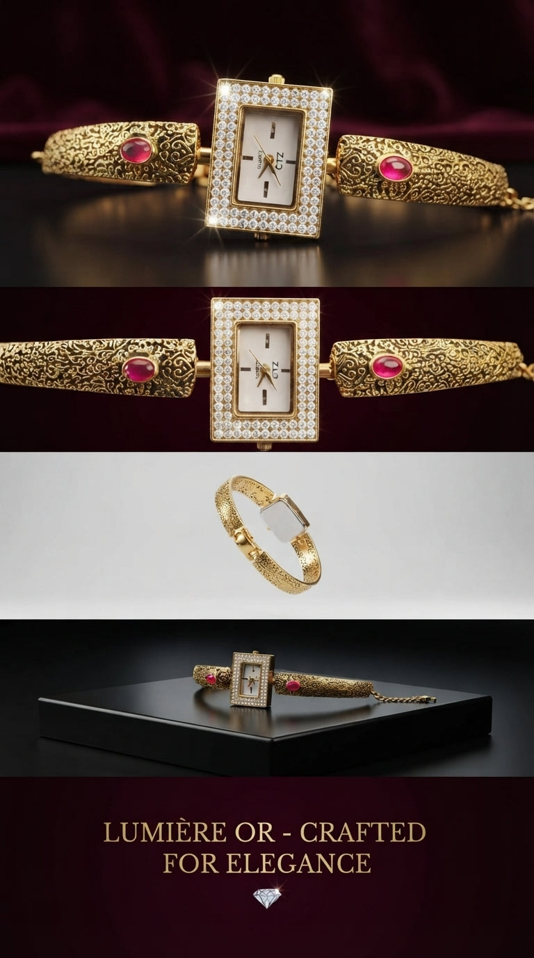 Lumière Or CTZ Antique Gold Ruby Rectangular Crystal Bracelet Watch