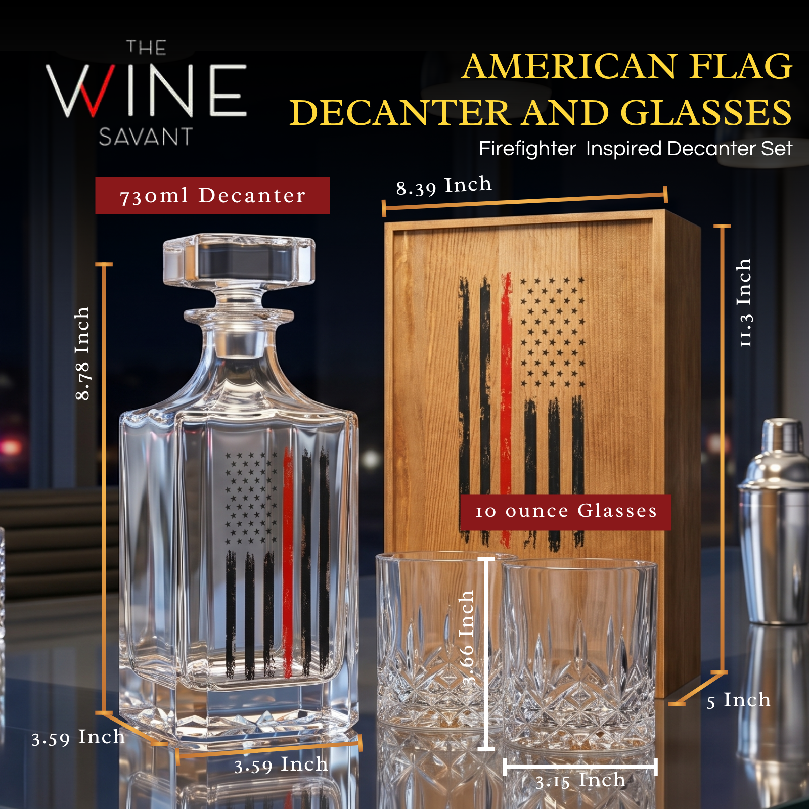 Firefighter Tactical Red Tattered American Flag Whiskey Decanter Gift Set 730ML Decanter 2 Whiskey G