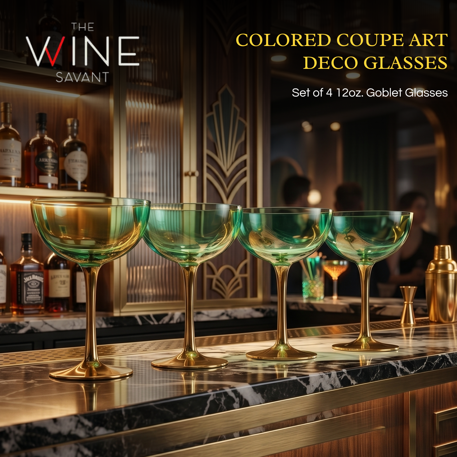 Colored Coupe Art Deco Glasses Gold Set Of 4 12 Oz Classic Cocktail Glassware For Champagne Martini