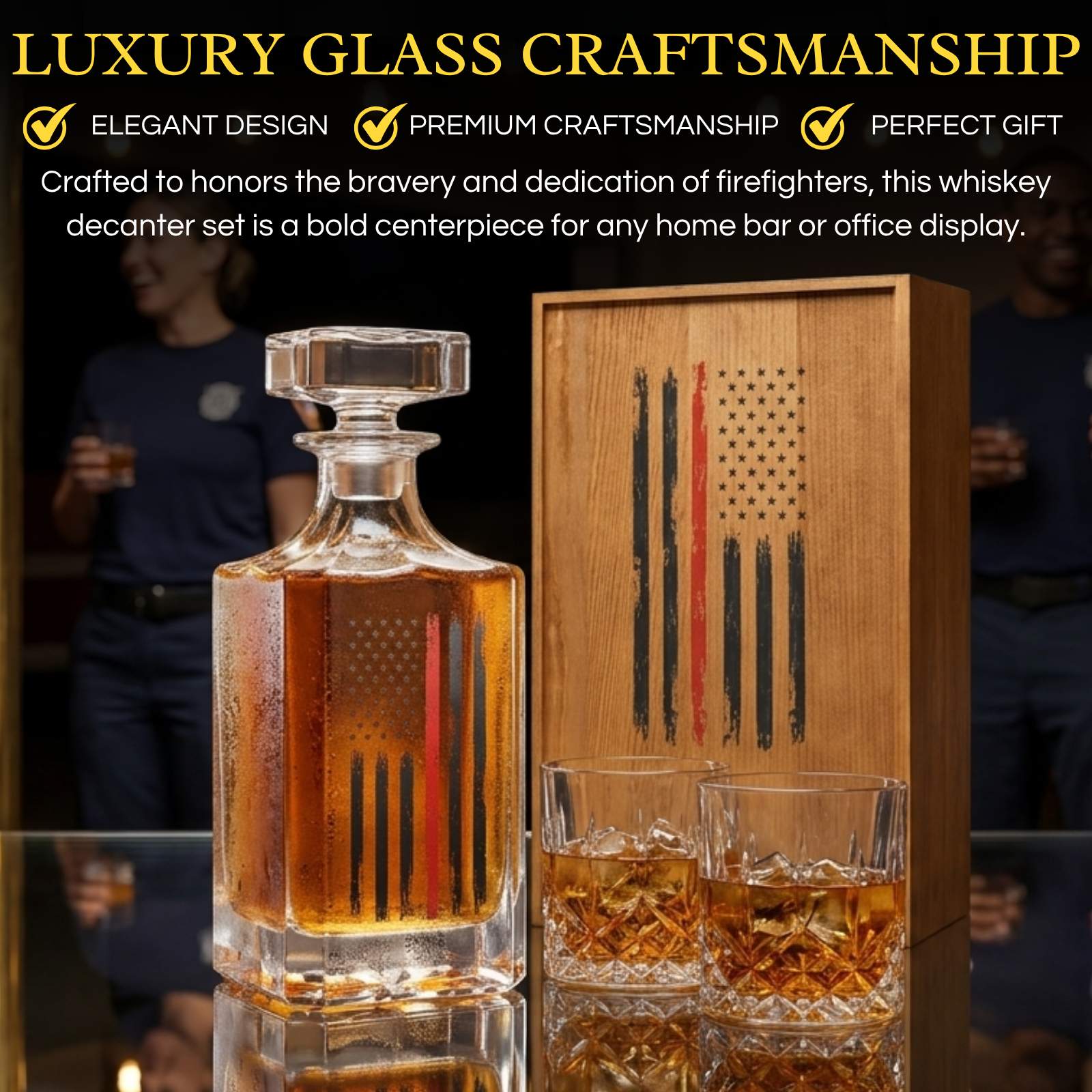 Firefighter Tactical Red Tattered American Flag Whiskey Decanter Gift Set 730ML Decanter 2 Whiskey G