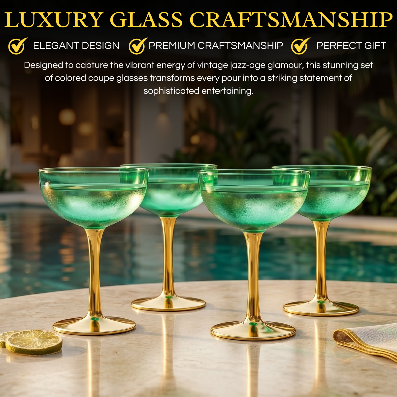 Colored Coupe Art Deco Glasses Gold Set Of 4 12 Oz Classic Cocktail Glassware For Champagne Martini