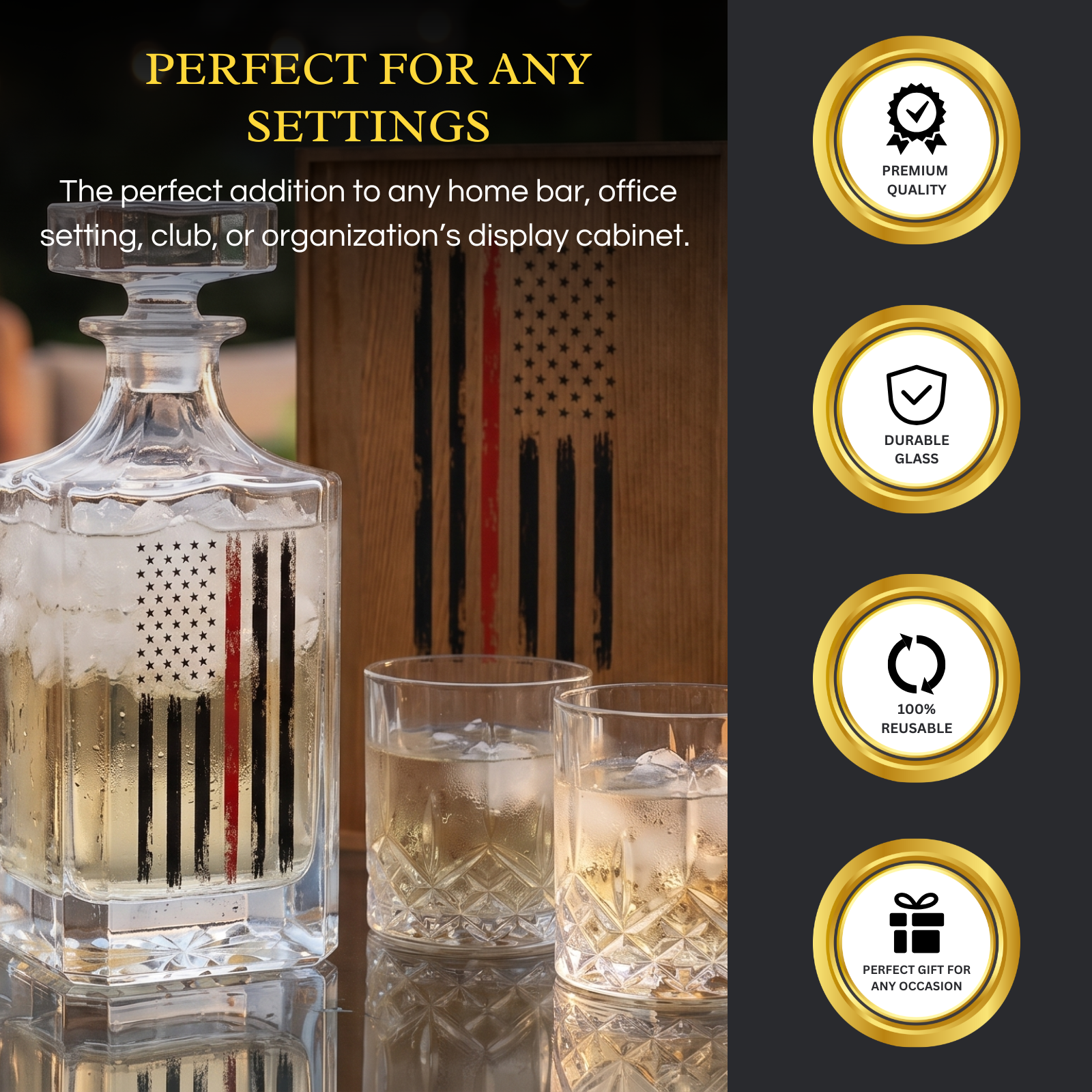 Firefighter Tactical Red Tattered American Flag Whiskey Decanter Gift Set 730ML Decanter 2 Whiskey G