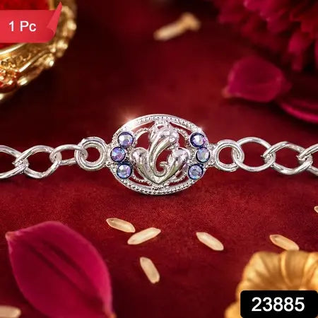 Premium Silver Ganesha Rakhi With Stones Chain Bracelet For Brother (1 Pc)