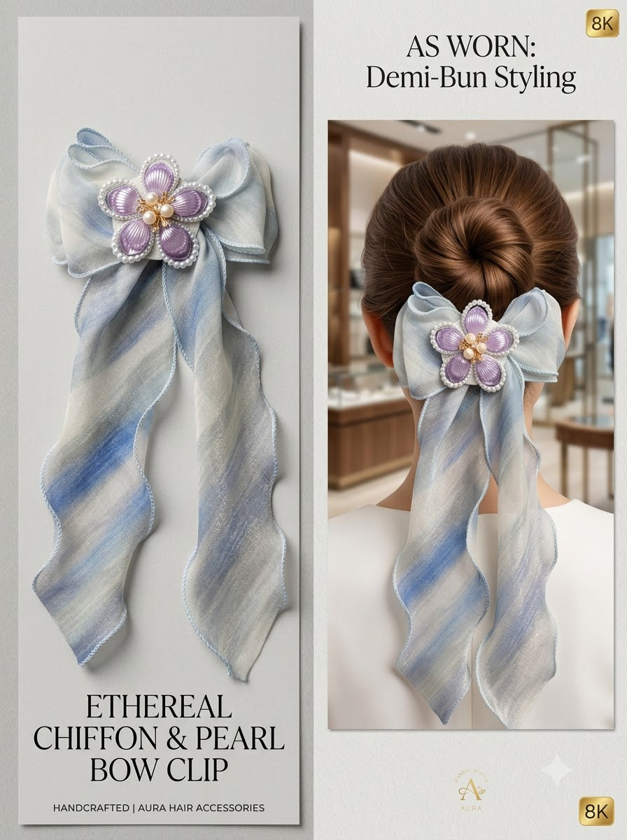 Ivory Satin Bow Barrette with Pearl Floral Embellishment
