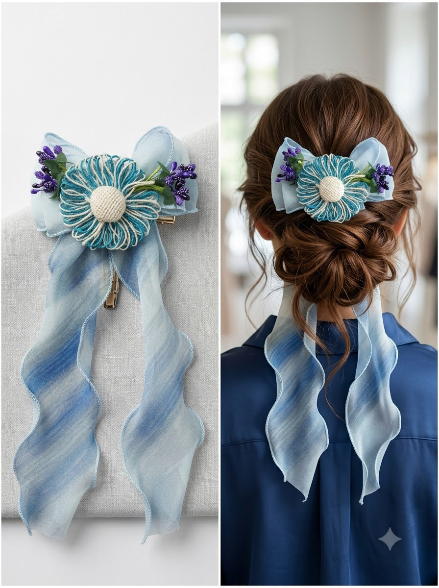 Sky blue ombre chiffon bow clip with teal thread daisy and purple lavender buds shown as product flat lay and styled on low bun