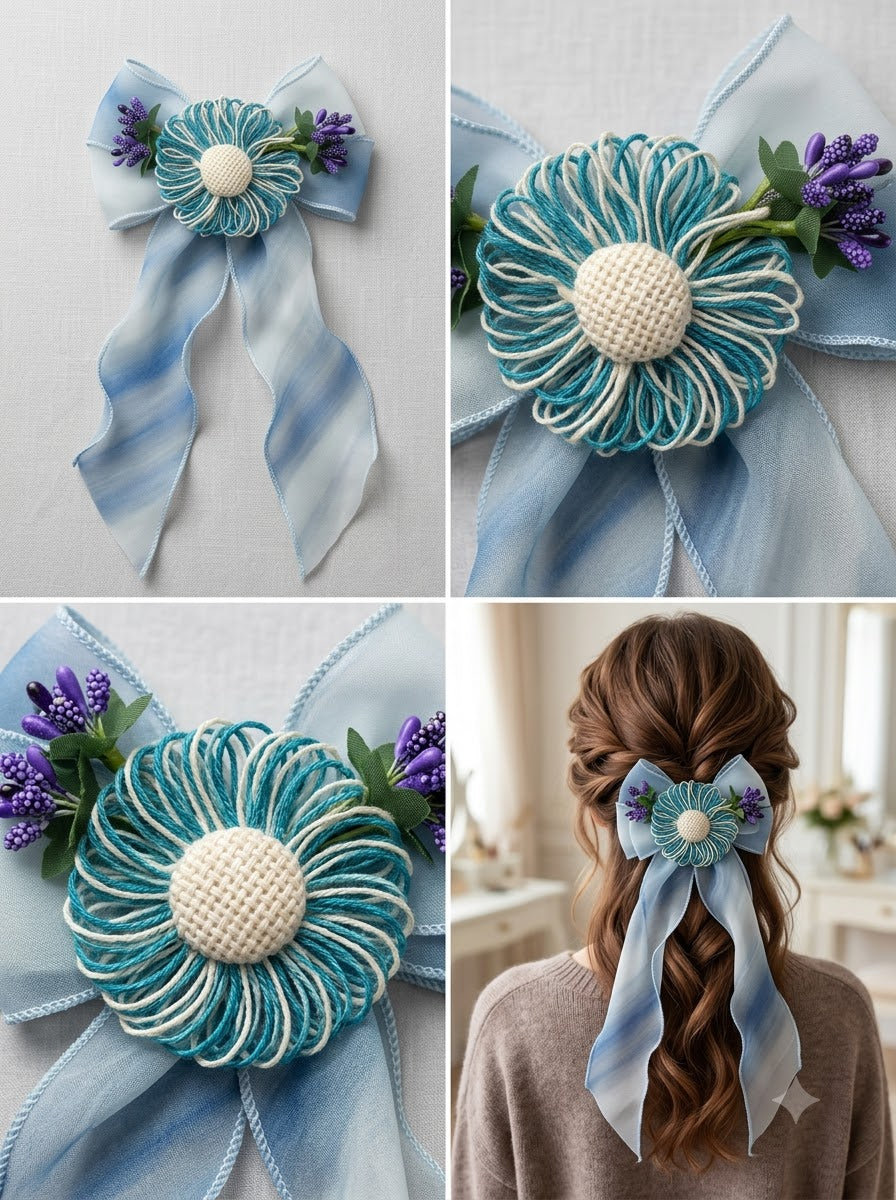 Sky Blue Ombre Chiffon Bow Clip with Teal Daisy & Lavender Buds