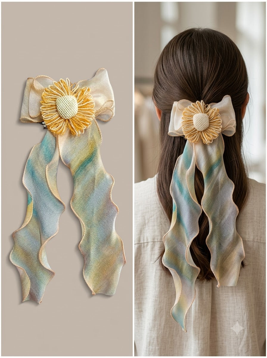 Aqua Blue Chiffon Bow Clip with Teal Thread Daisy
