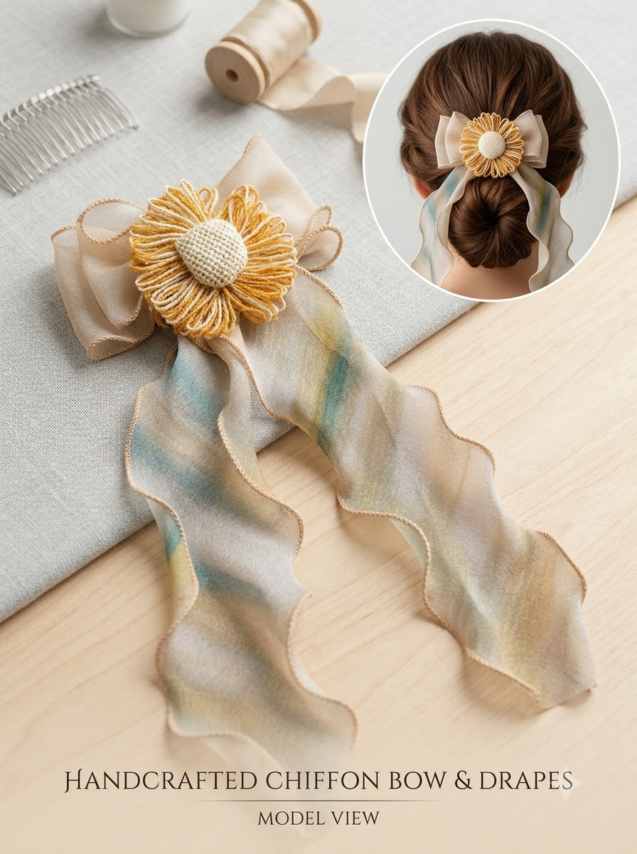 Aqua Blue Chiffon Bow Clip with Teal Thread Daisy