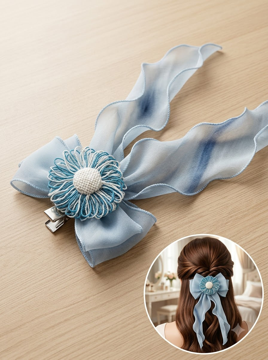 Aqua Blue Chiffon Bow Clip with Teal Thread Daisy