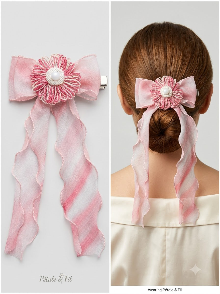 Aqua Blue Chiffon Bow Clip with Teal Thread Daisy