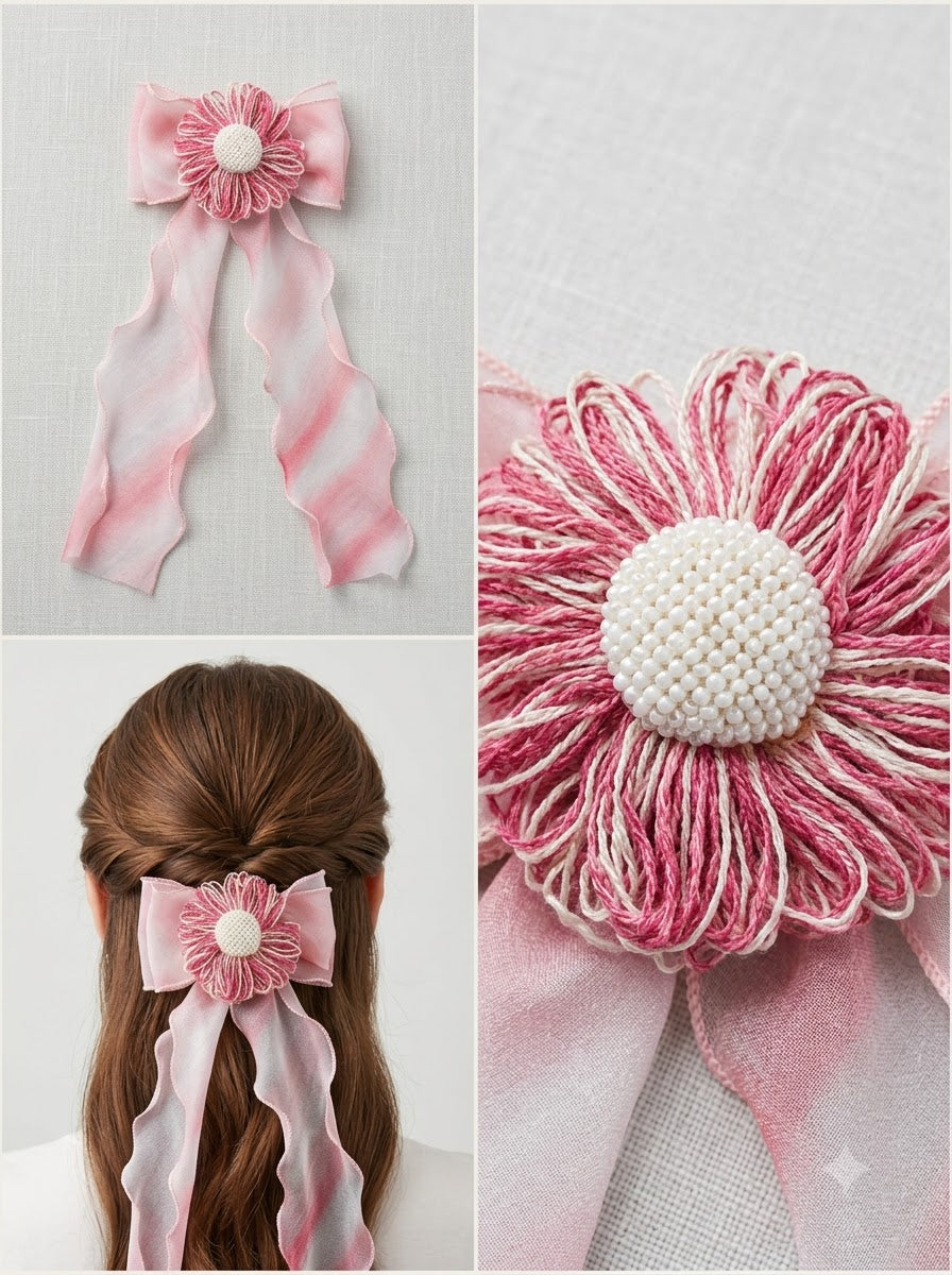 Aqua Blue Chiffon Bow Clip with Teal Thread Daisy