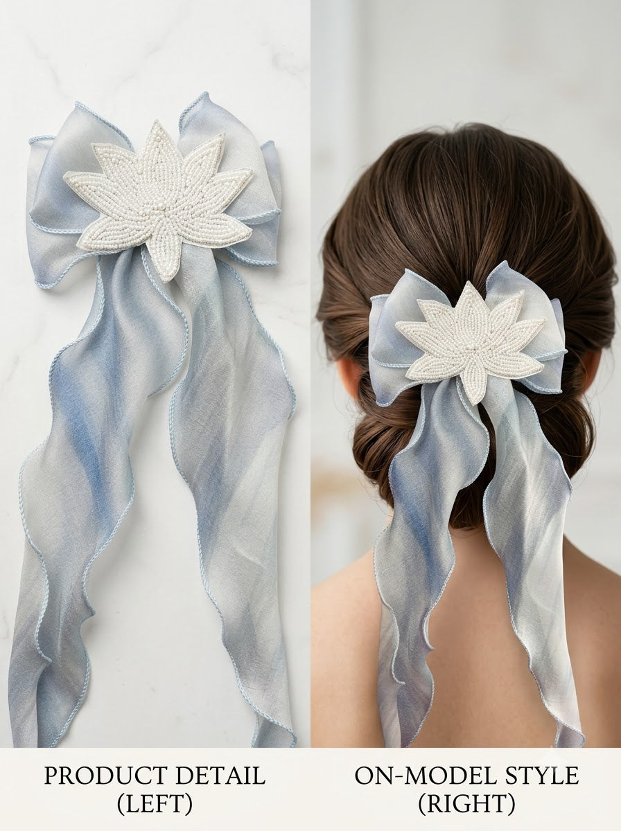 Ivory & Iridescent Blue Organza Bow Barrette with Gold Zardozi Lotus