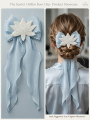 Ivory & Iridescent Blue Organza Bow Barrette with Gold Zardozi Lotus